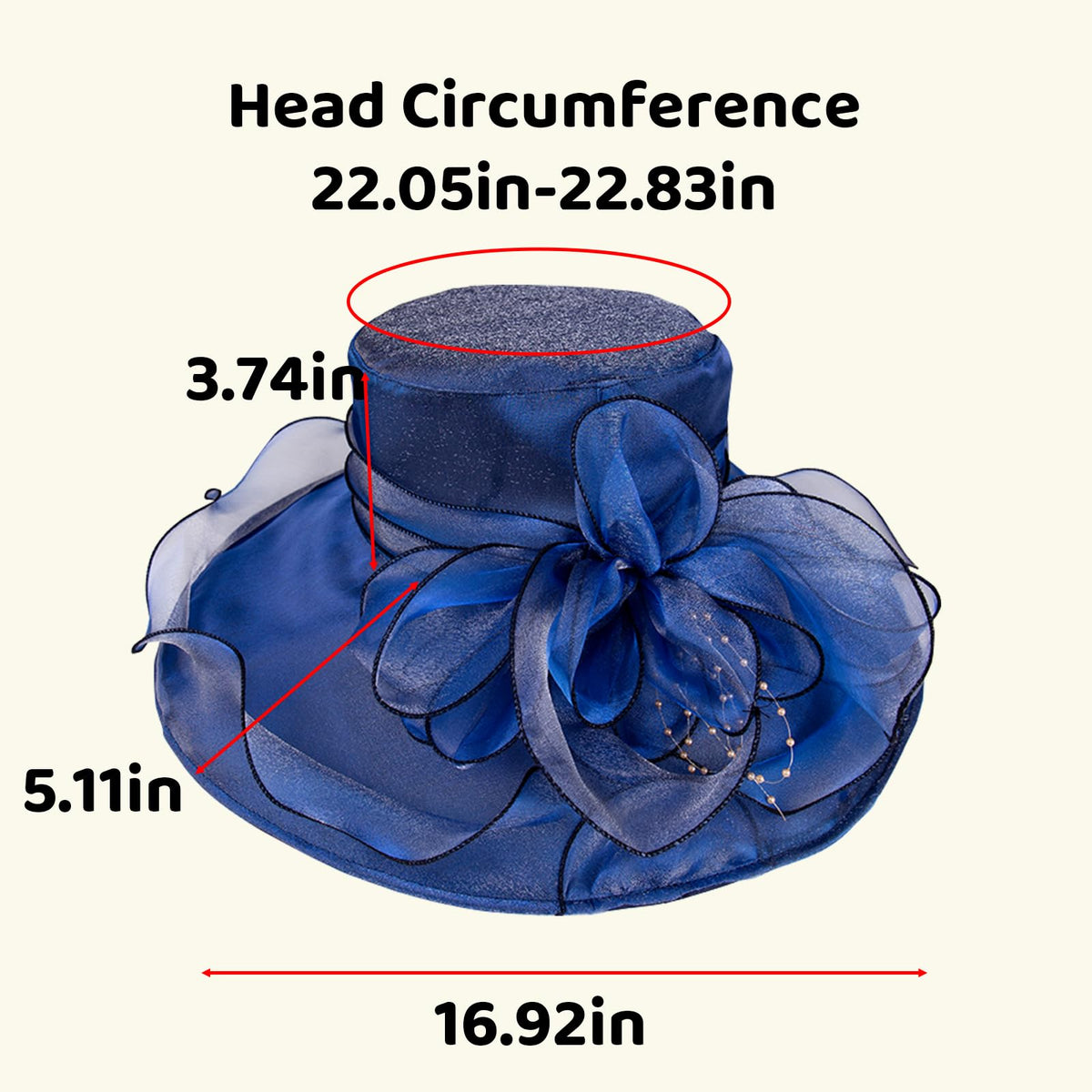 Muswarm navy organza hat combines versatility with lightweight comfort for year-round wear.