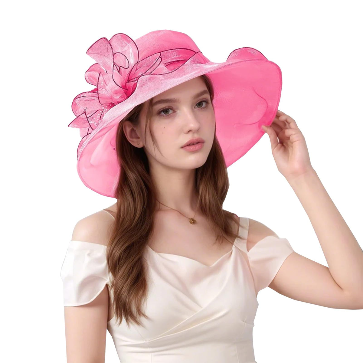 Muswarm Derby Hat with organza wide brim in rose red for sunny outdoor events