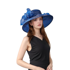 Muswarm Derby hat with wide organza brim provides stylish sun protection for outdoor events.