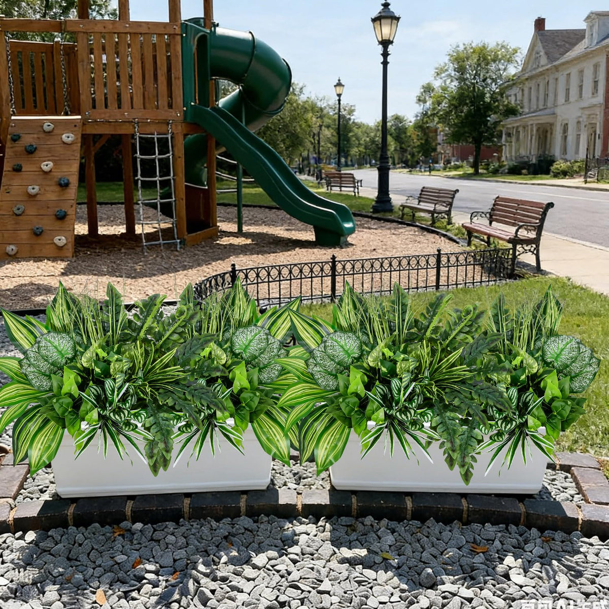 Mutcolor UV-resistant greenery endures sun and rain with lasting color outdoors.