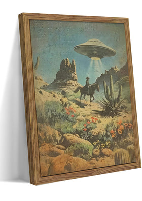 MUWAK alien UFO abducting cowboy desert art adds a focal point to living space.