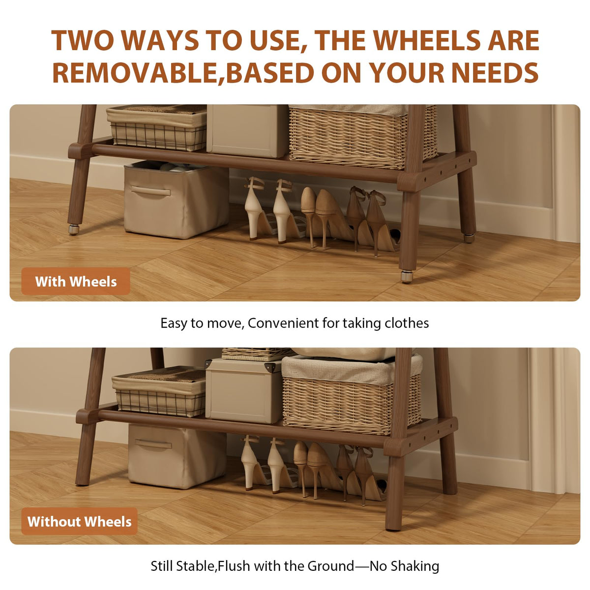 Sturdy triangular bracing on the Muwuele rack enhances stability under load.