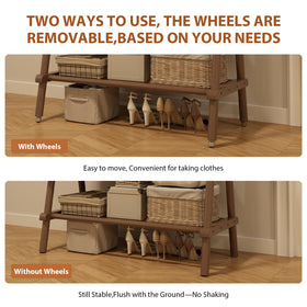 Sturdy triangular bracing on the Muwuele rack enhances stability under load.