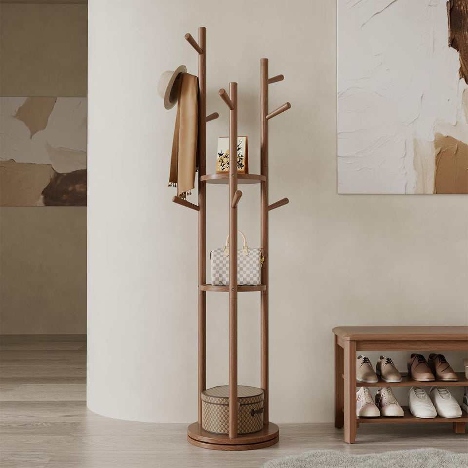 Muwuele solid wood rotary coat rack stand shows durable construction and organized storage.