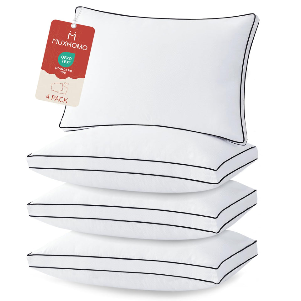 MUXHOMO bed pillow 4-pack front view with gusseted loft for neck support.
