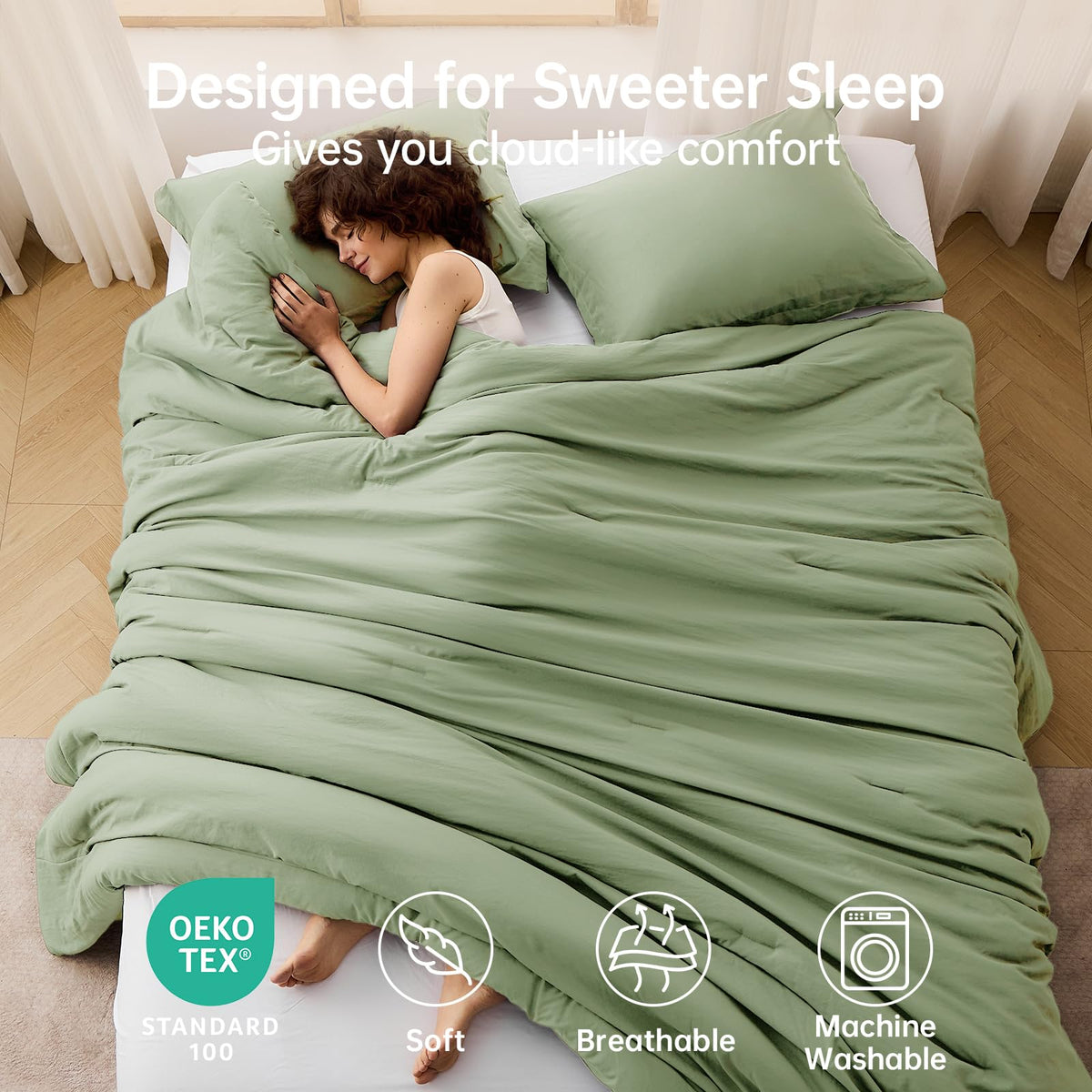 MUXHOMO Green Queen Comforter Set on bed shows all-season warmth