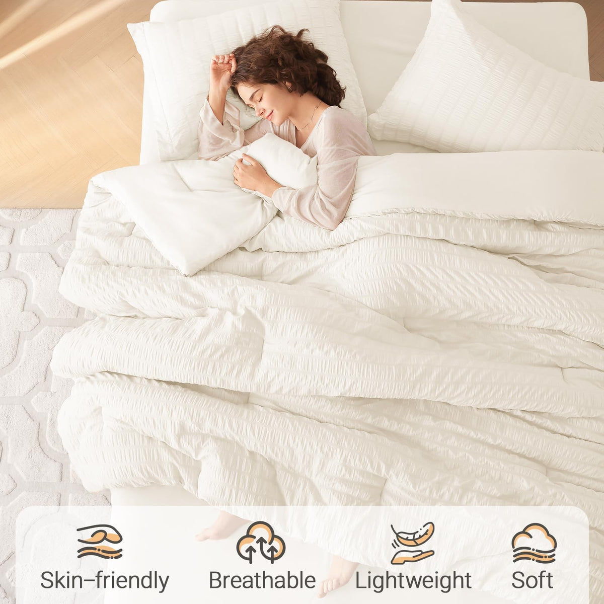 MUXHOMO queen bed-in-a-bag setup with deep-pocket fitted sheet stays secure overnight.