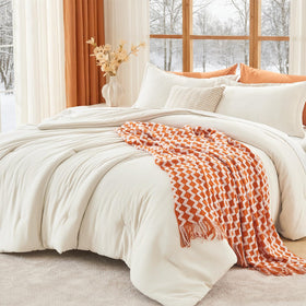 MUXHOMO Queen Comforter Set in ivory on bed for all-season warmth and breathability