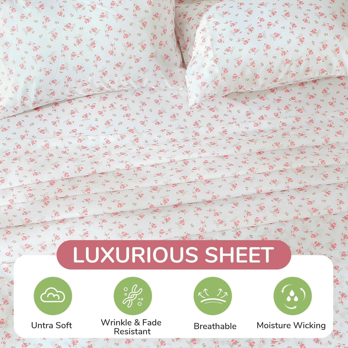 MUXHOMO Blossoms Pink queen sheets fit up to 16 inches with 360° elastic.