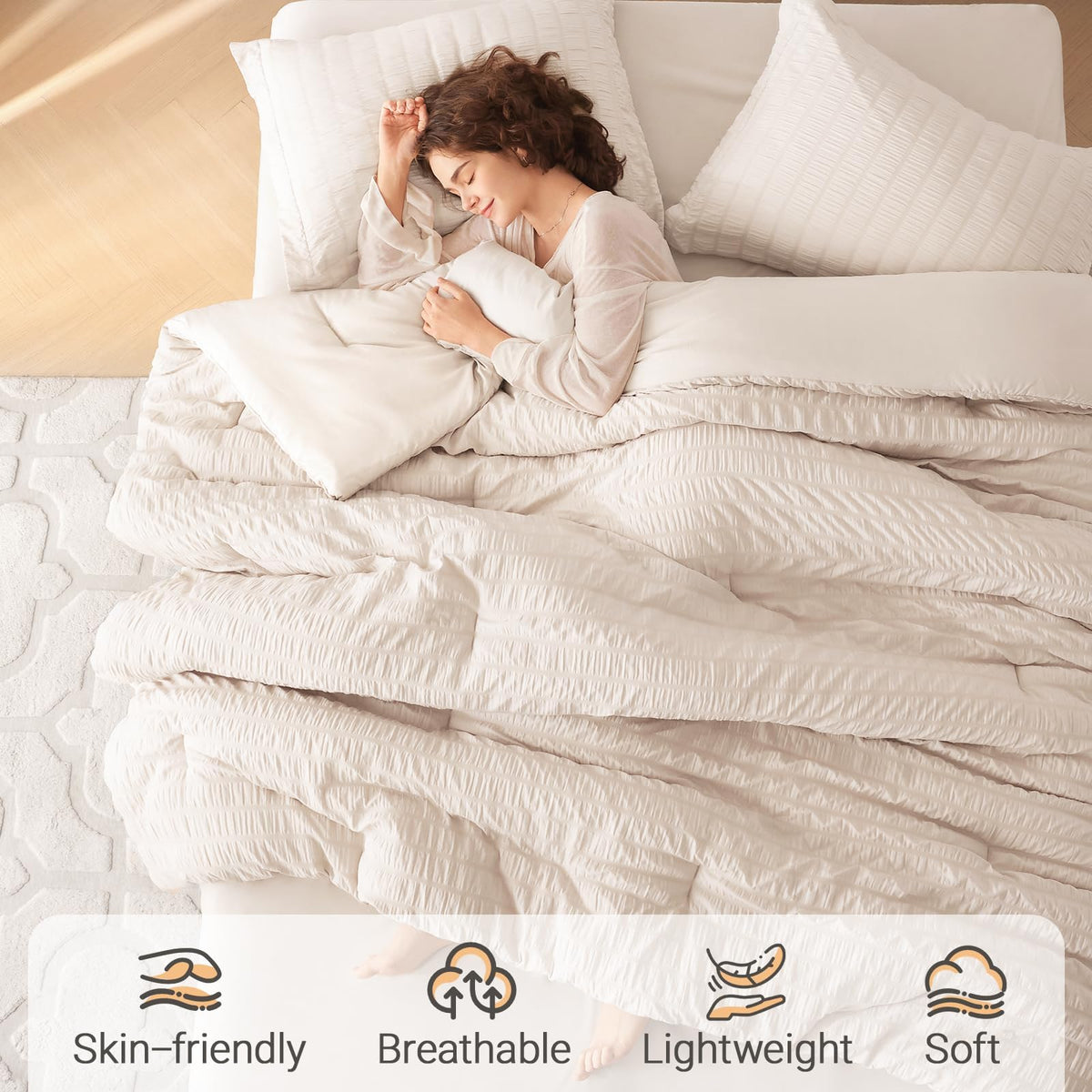 Muxhomo 88 by 88 inch comforter laid across bed for year round softness