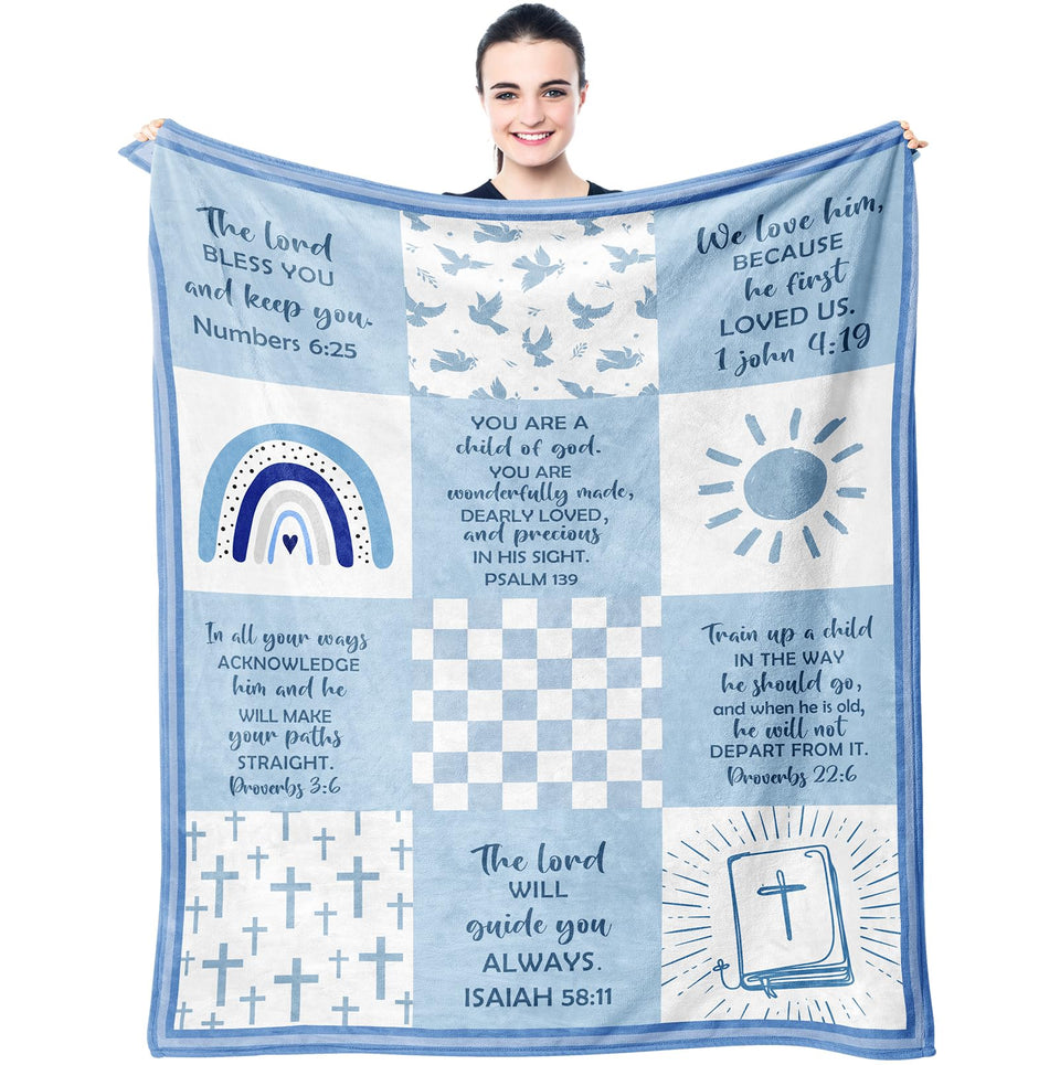 Muxuten baptism blanket on bed shows 50x40 inch size and cozy feel for a baby boy