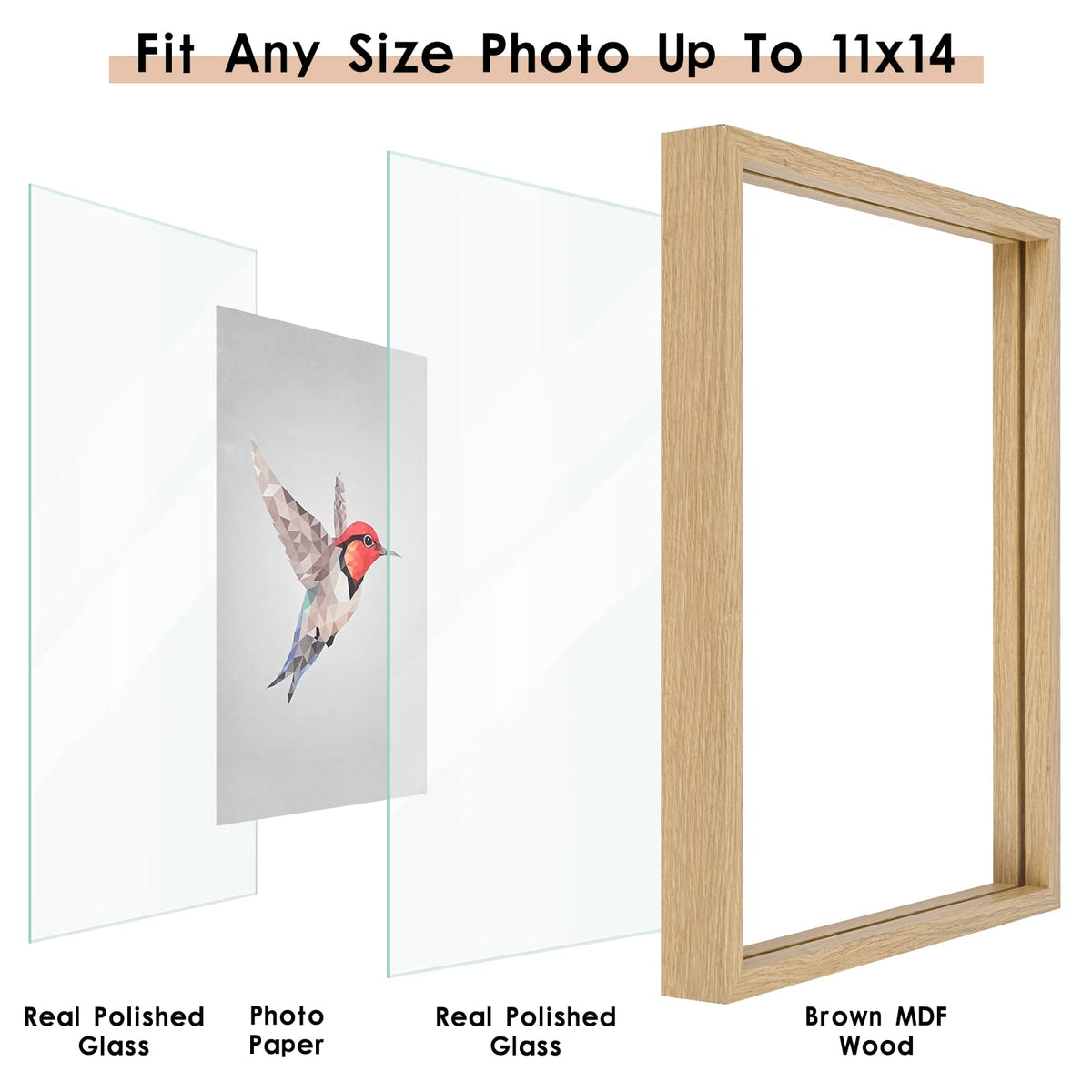 MUYE 11x14 floating frame easy photo insertion between glass panes
