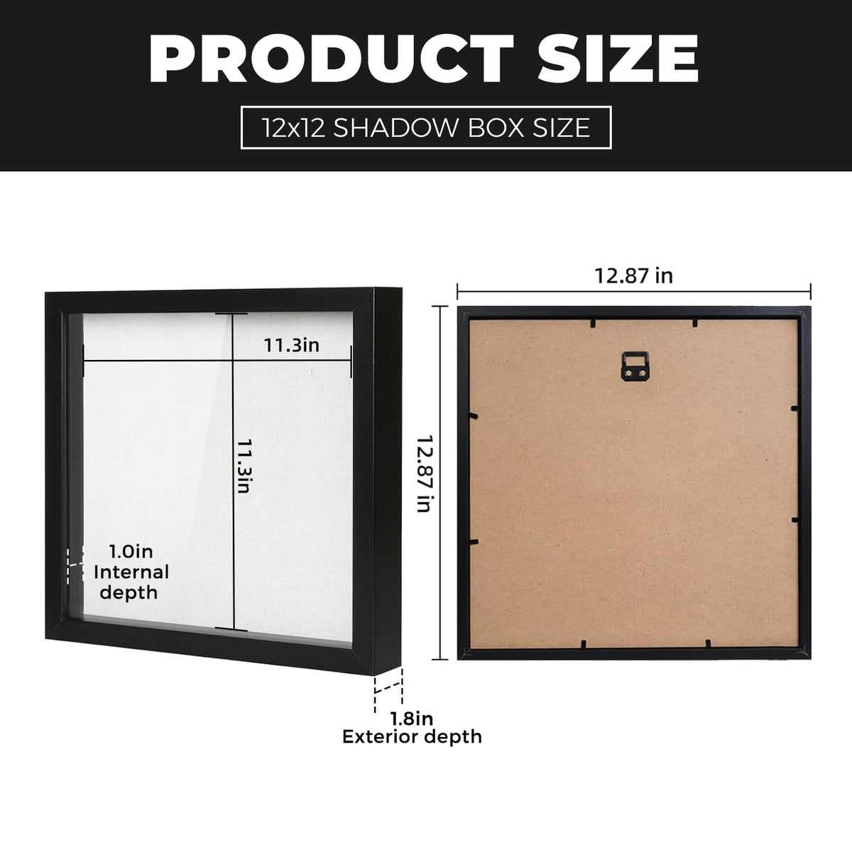 Muzilife shadow box open with glass illustrating flexible front/back layouts