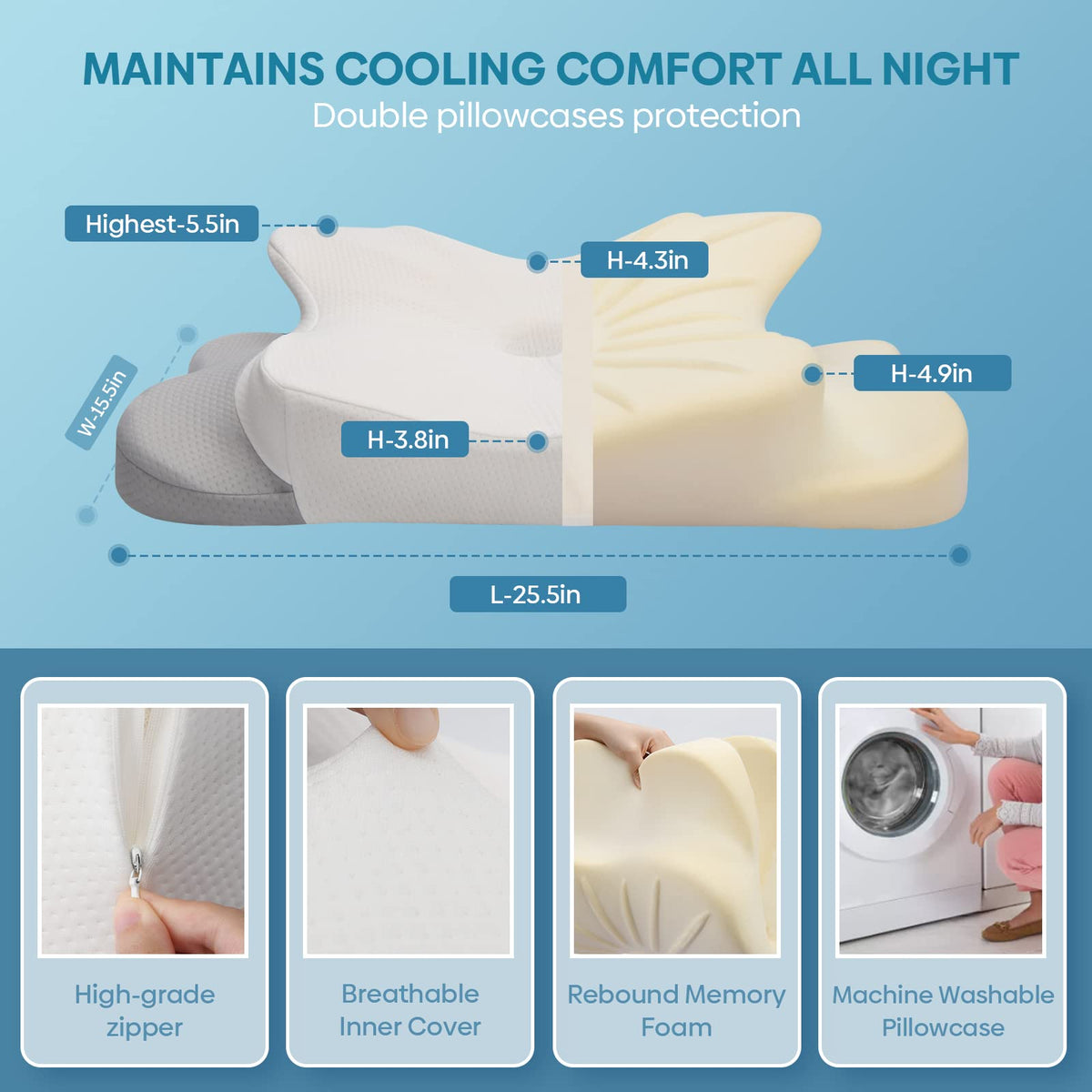 Muzsoul pillow supports back and stomach sleepers for comfort.