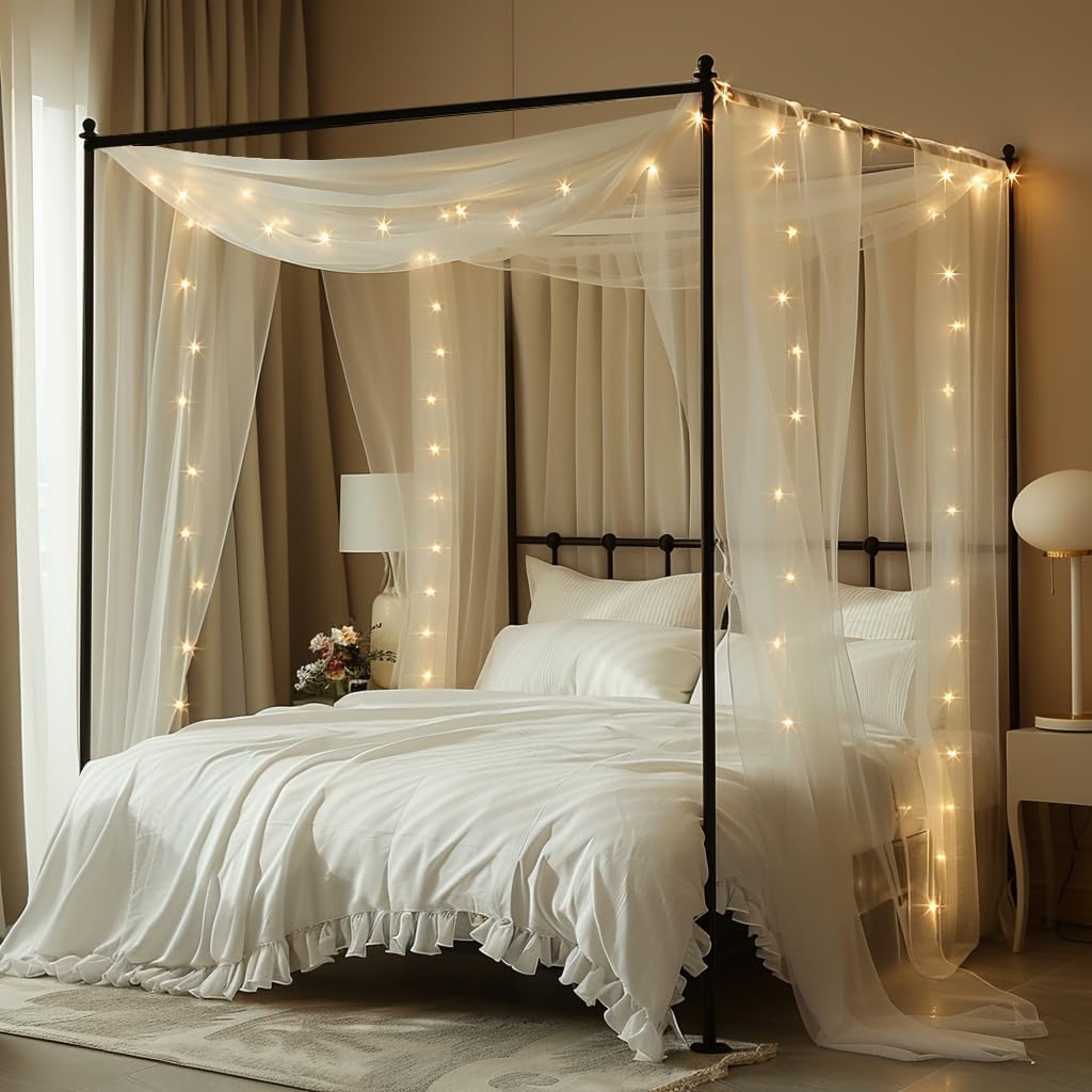 MVOVM bed canopy with lights and white veil drapes for a cozy bedroom ambiance.