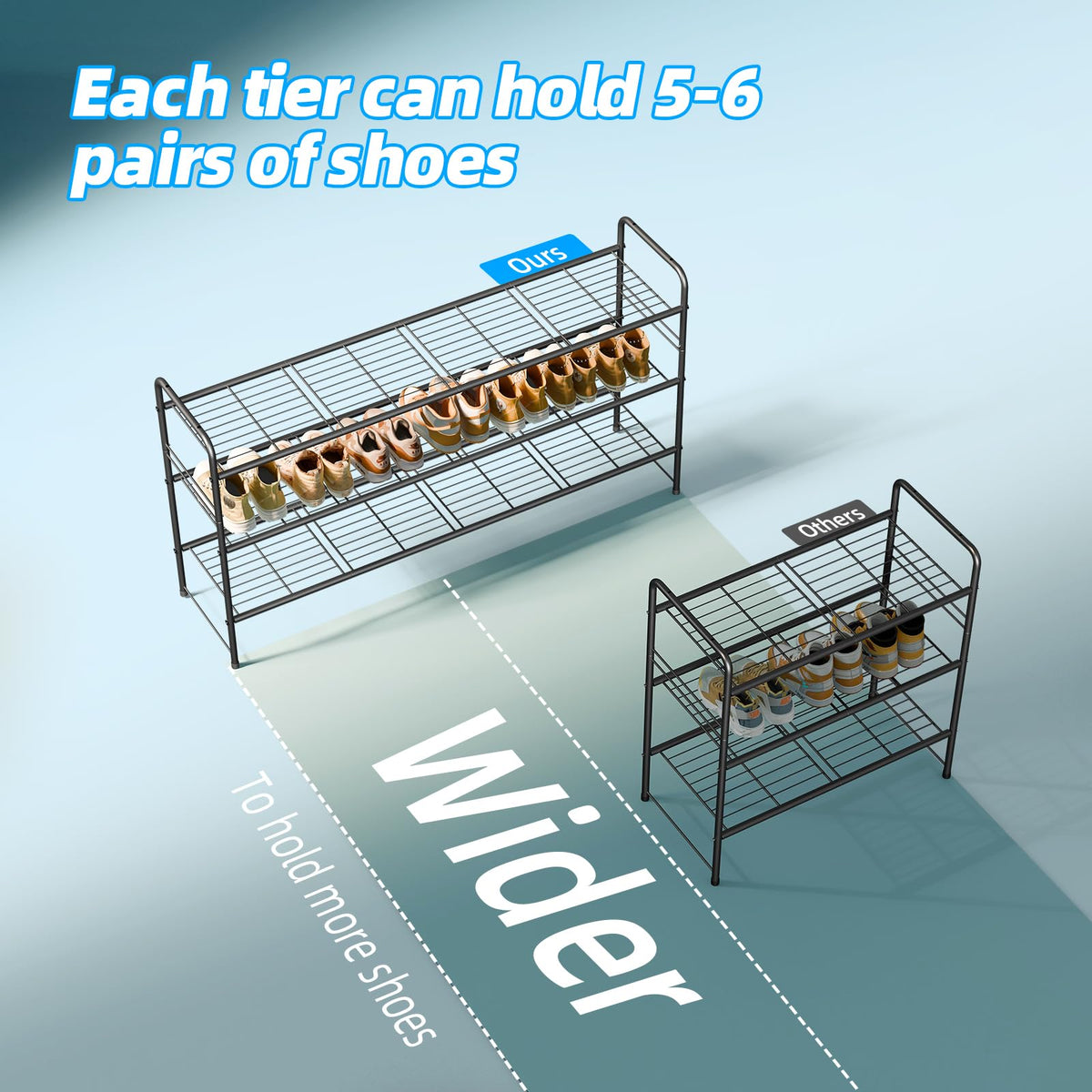 MWQ 3-tier shoe rack black close-up metal detail emphasizes solid construction.