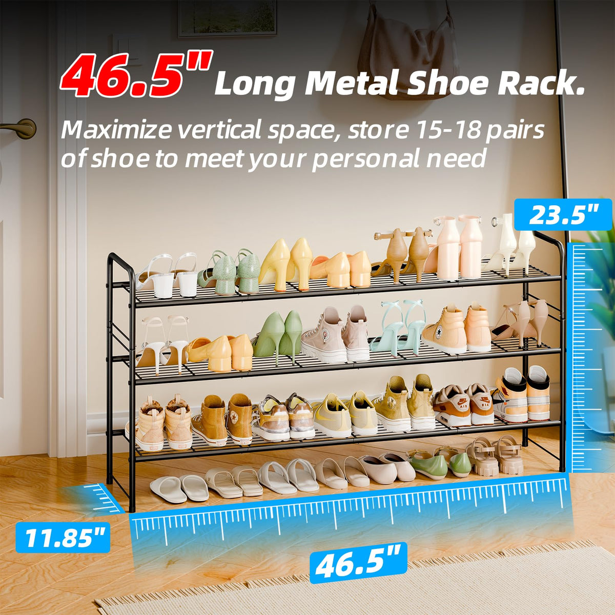 MWQ 3-tier shoe rack black assembly image guides quick setup with simple buckles.
