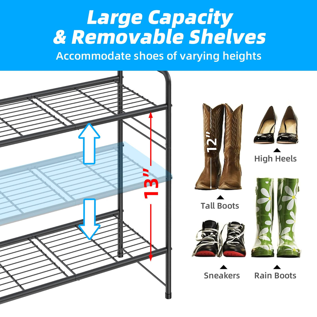 MWQ 3-tier shoe rack black floor placement enables easy access and storage.