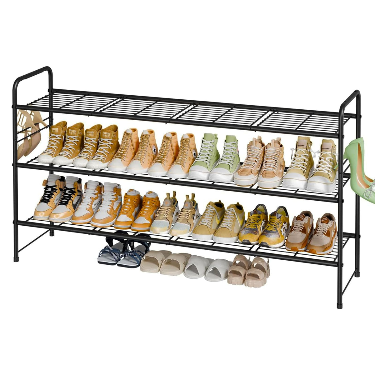 MWQ 3-tier shoe rack black front view shows spacious shelves for sneakers.