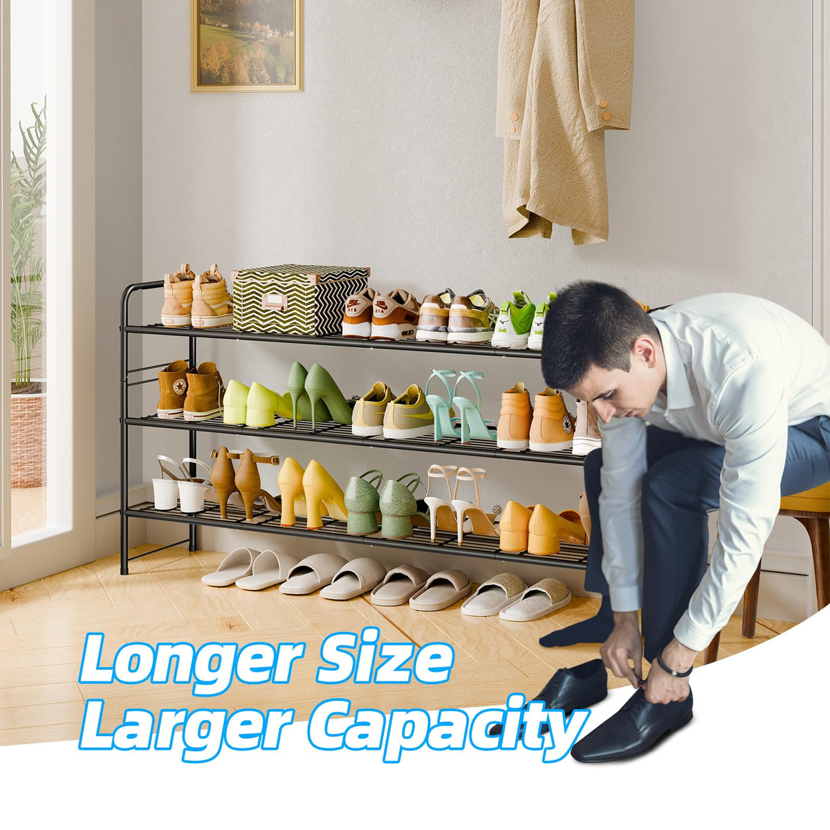 MWQ 3-tier shoe rack black side view highlights sturdy metal frame for durability.