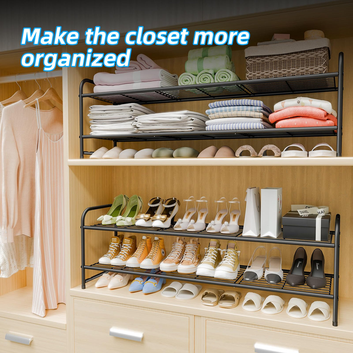 MWQ 44-inch wide shoe rack demonstrates generous storage capacity