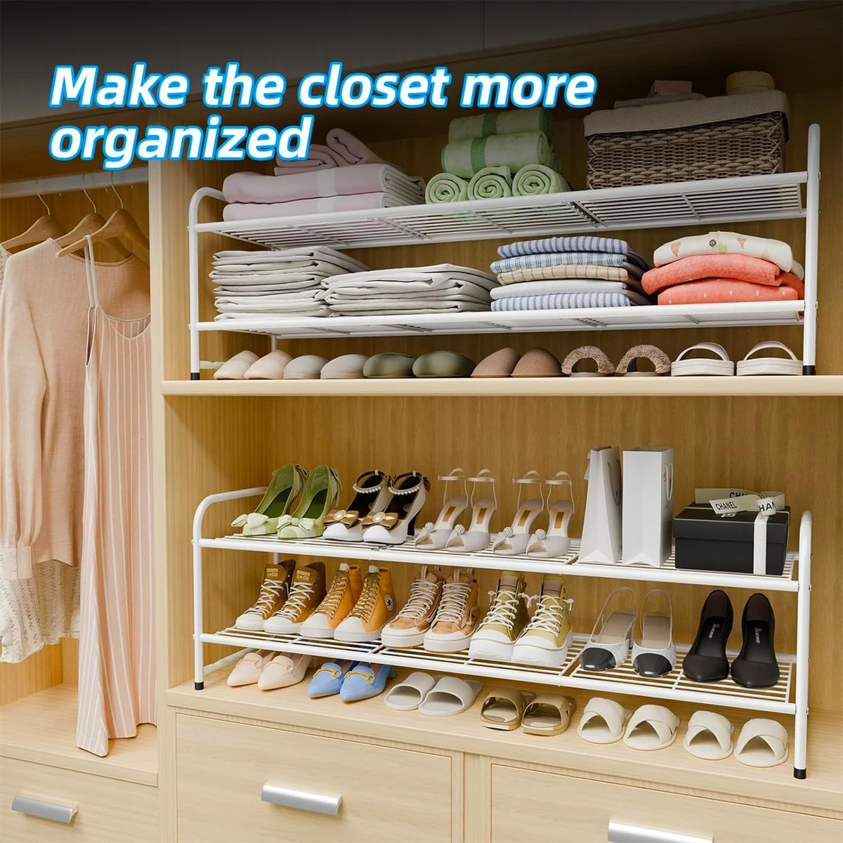 MWQ heavy-duty metal frame emphasizes durability for daily shoe organization.