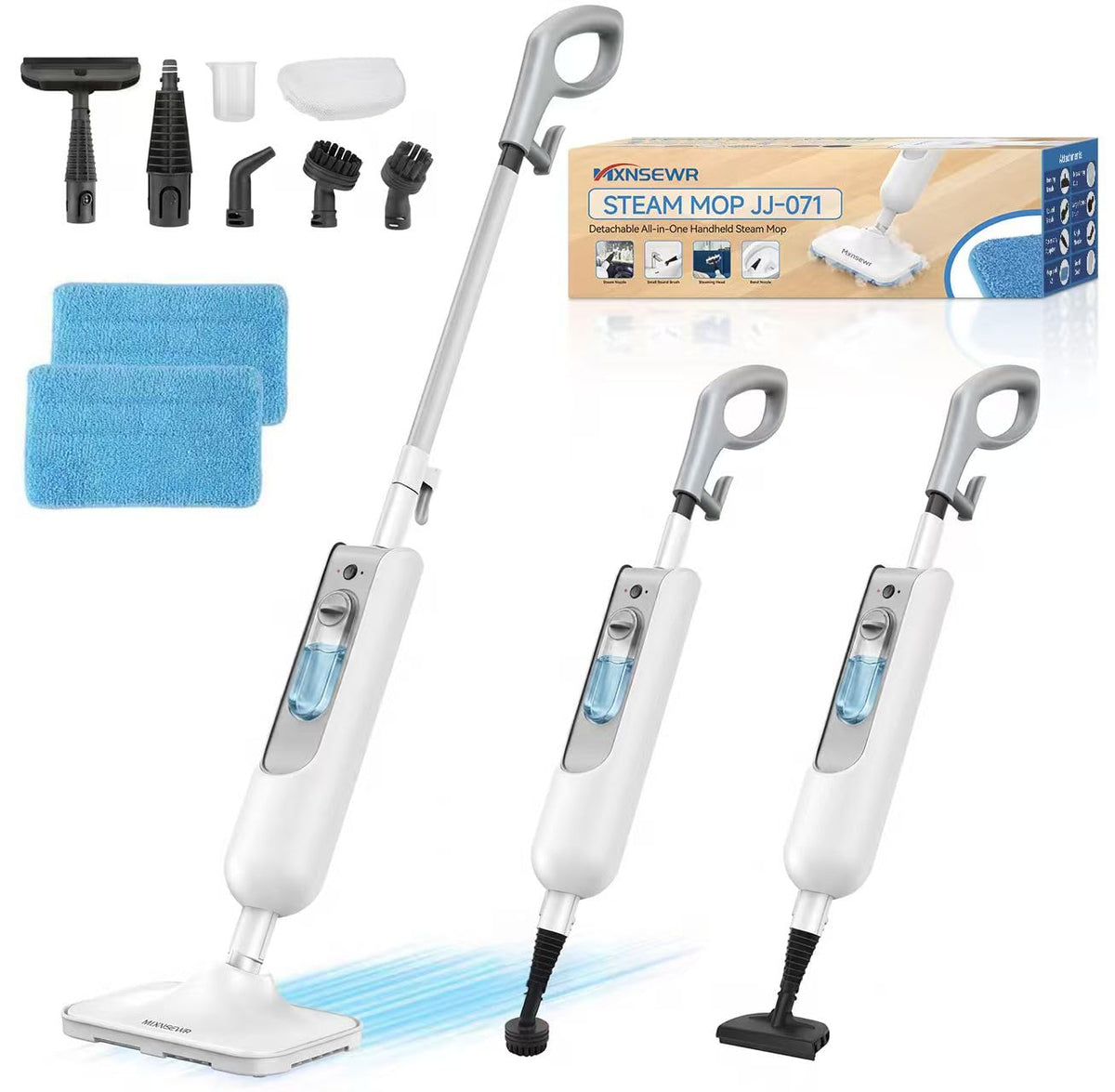 Mxnsewr steam mop floor cleaner demonstrating versatile cleaning on wood and tile floors