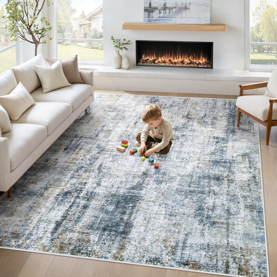 MXSANYOO 6x9 abstract rug in blue with a soft watercolor look for modern living rooms.