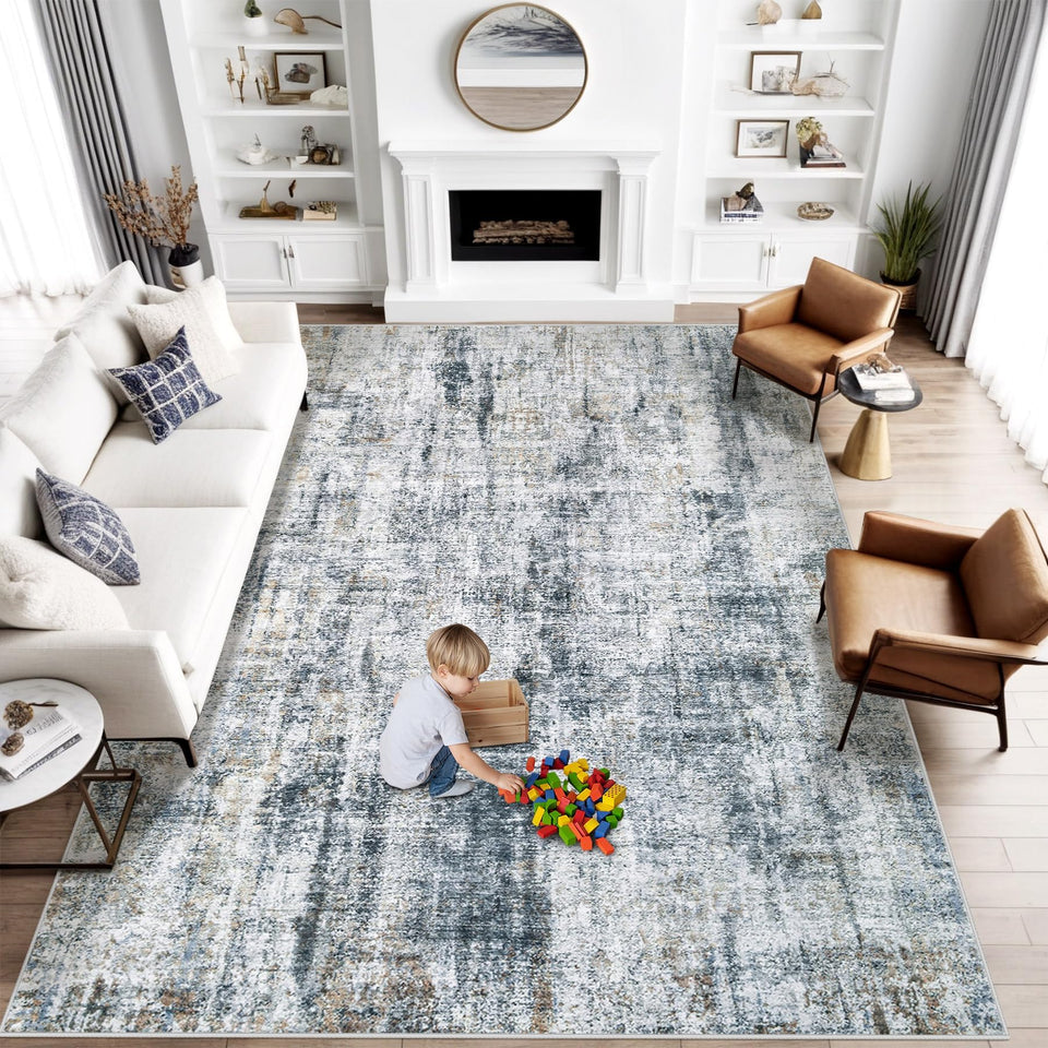 MXSANYOO abstract multi-blue rug enhances living room focal point.
