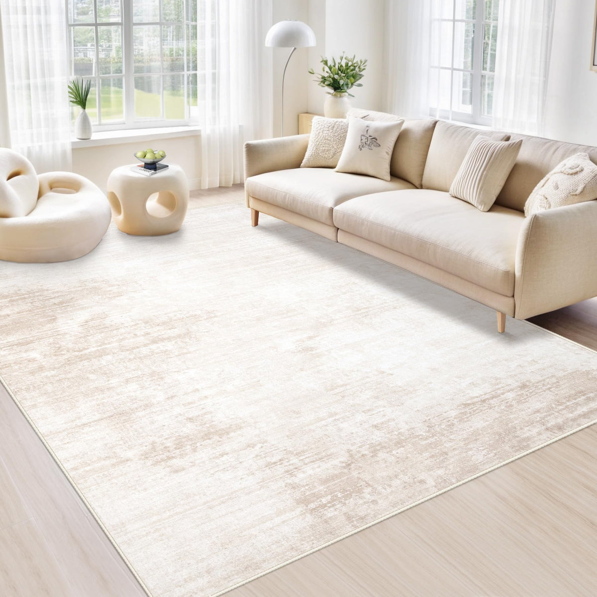 MXSANYOO beige modern abstract rug with soft stripes, a cozy living room focal point.
