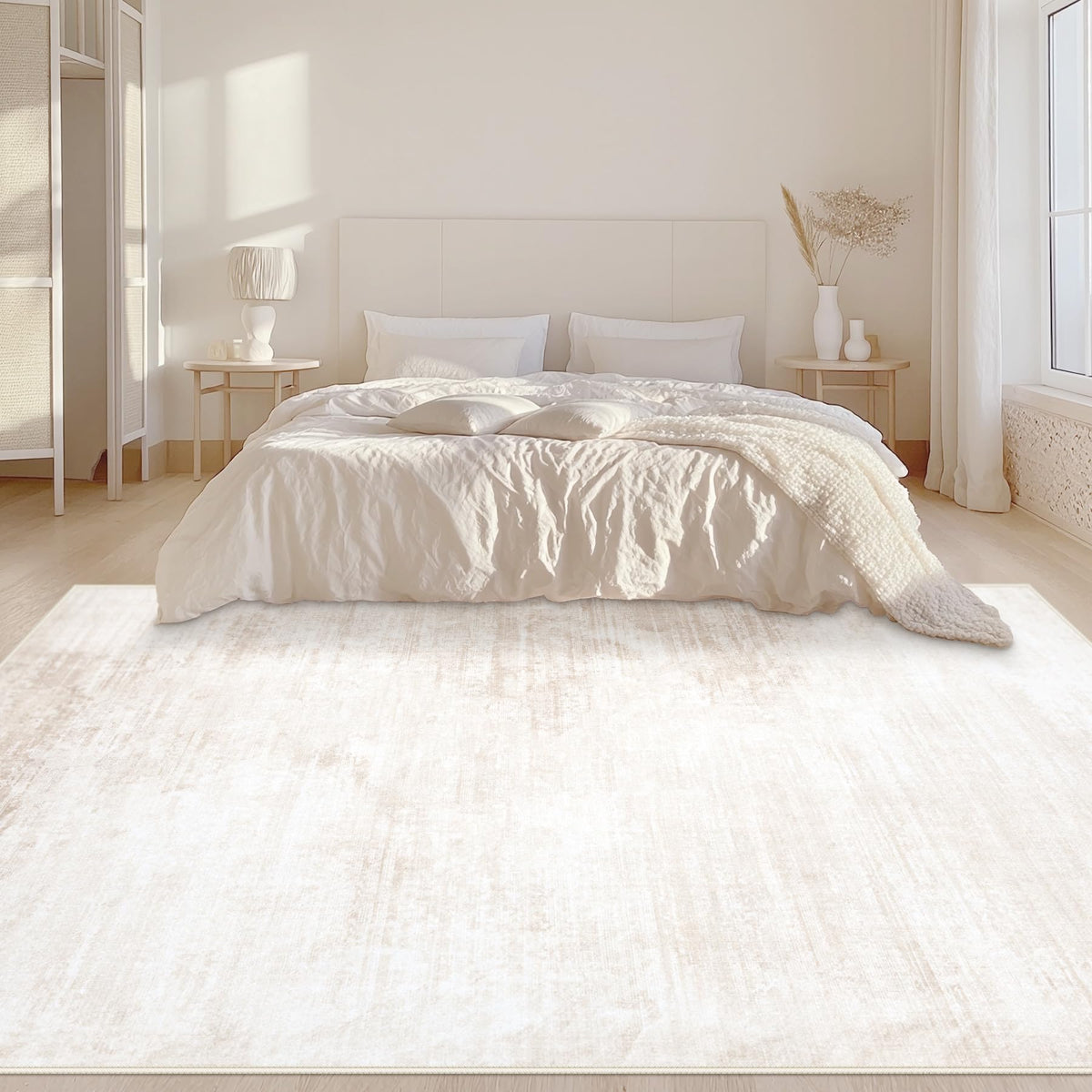 MXSANYOO beige area rug with soft pile for comfortable barefoot steps.