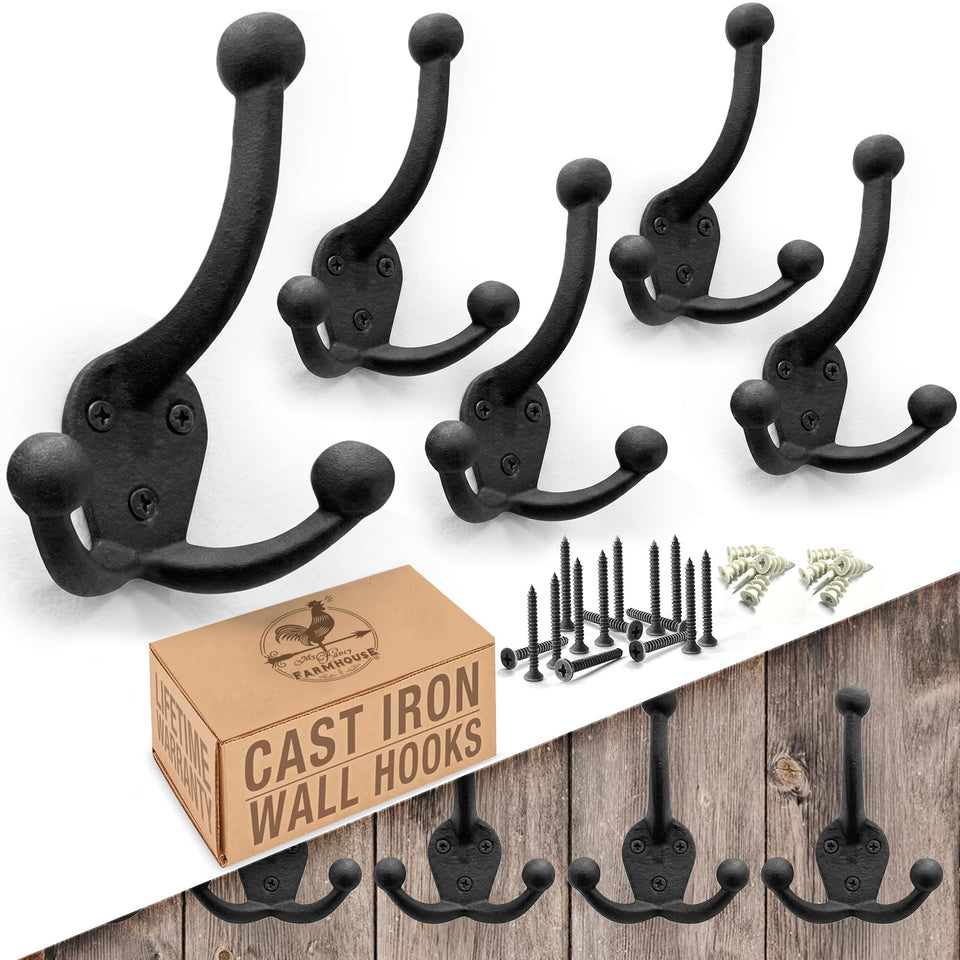 My Fancy Farmhouse cast iron tri-leg coat hooks front view demonstrates sturdy, rust-resistant construction