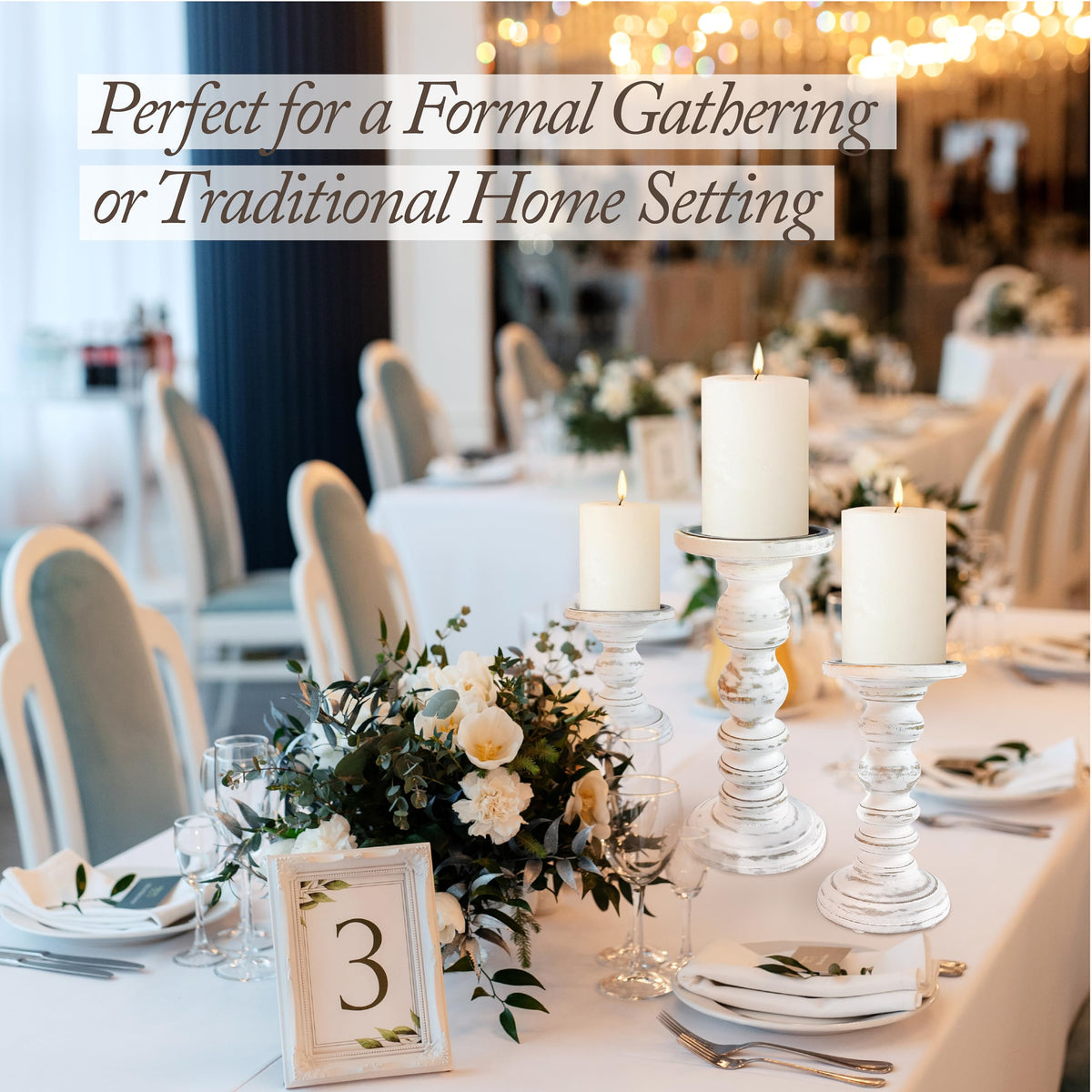 My Fancy Farmhouse pillar candle stands styled for dining and mantel arrangements