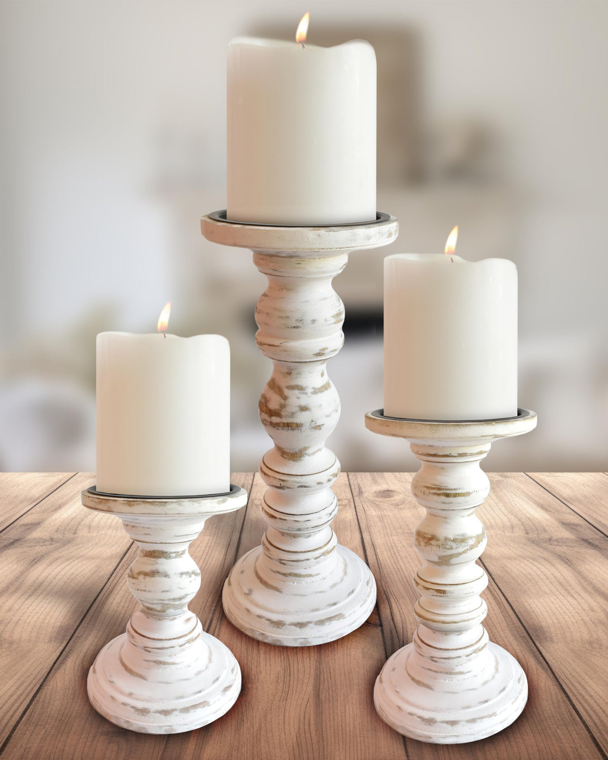 My Fancy Farmhouse three-piece pillar candle holders in antique white for mantel decor
