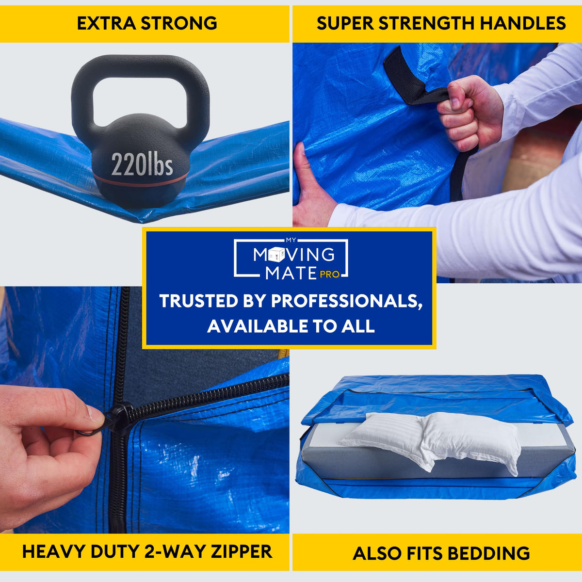 My Moving Mate bag shows heavy-duty tarp material for durable protection.