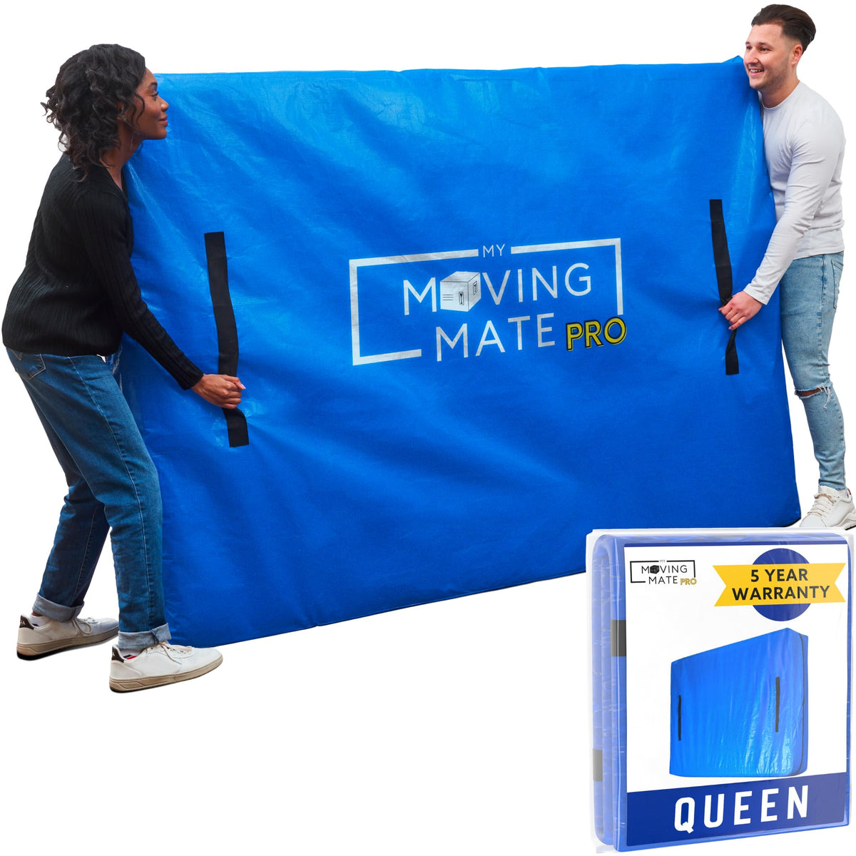 My Moving Mate queen mattress bag with 8 handles enables easy transport.