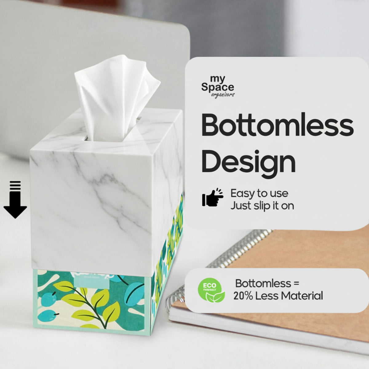 My Space Organizers bathroom decor tissue box cover blends with vanity surfaces.