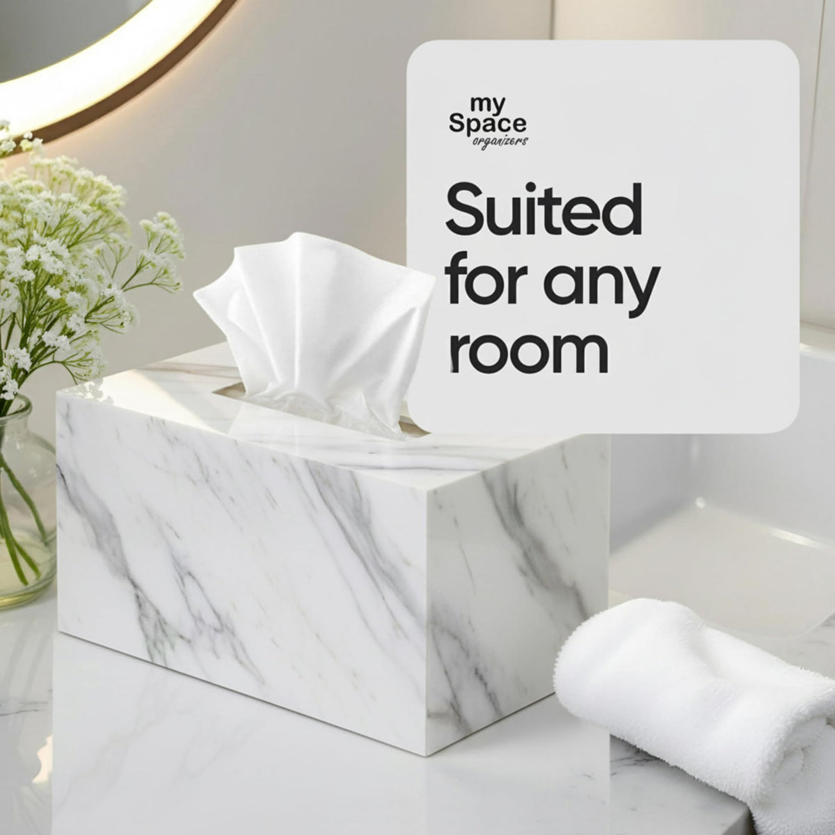 My Space Organizers Kleenex-compatible tissue box cover keeps countertops clutter-free.