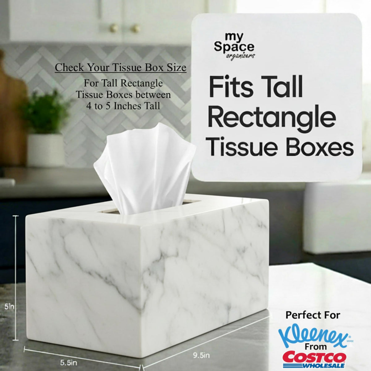 My Space Organizers marble acrylic tissue box cover brings modern decor to any room.