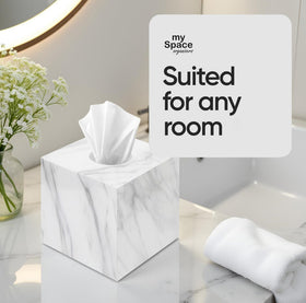 My Space Organizers marble square tissue box cover close-up shows glossy acrylic finish.
