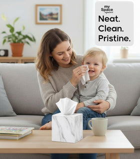 My Space Organizers marble square tissue box cover on desk keeps surfaces uncluttered.