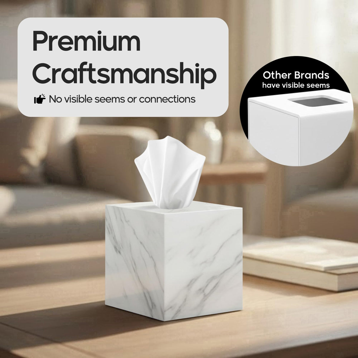 My Space Organizers marble square tissue box holder in bathroom elevates vanity style.