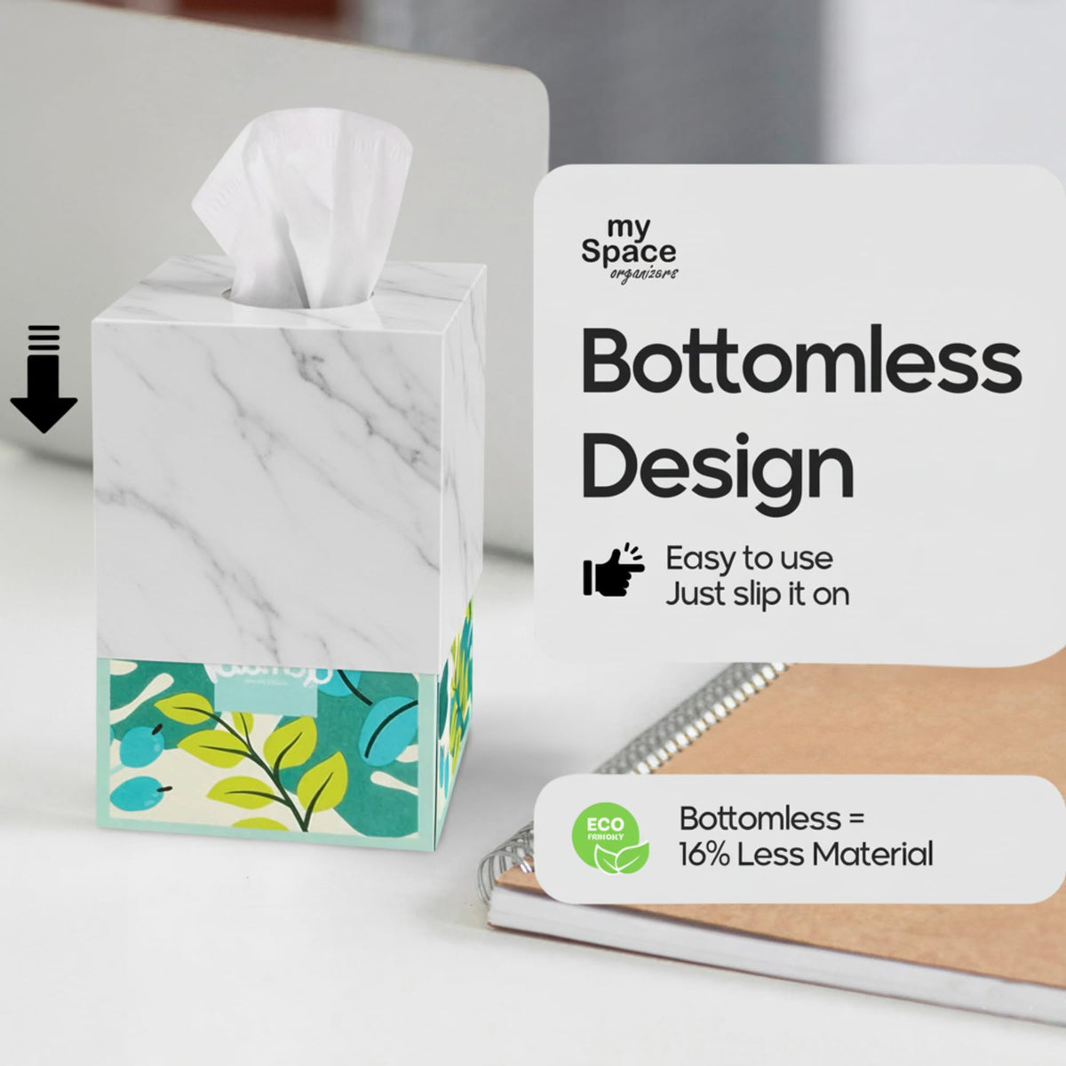 My Space Organizers marble square tissue box holder on nightstand complements calm bedrooms.