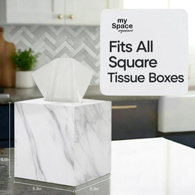 My Space Organizers marble square tissue box holder on coffee table enhances living room decor.