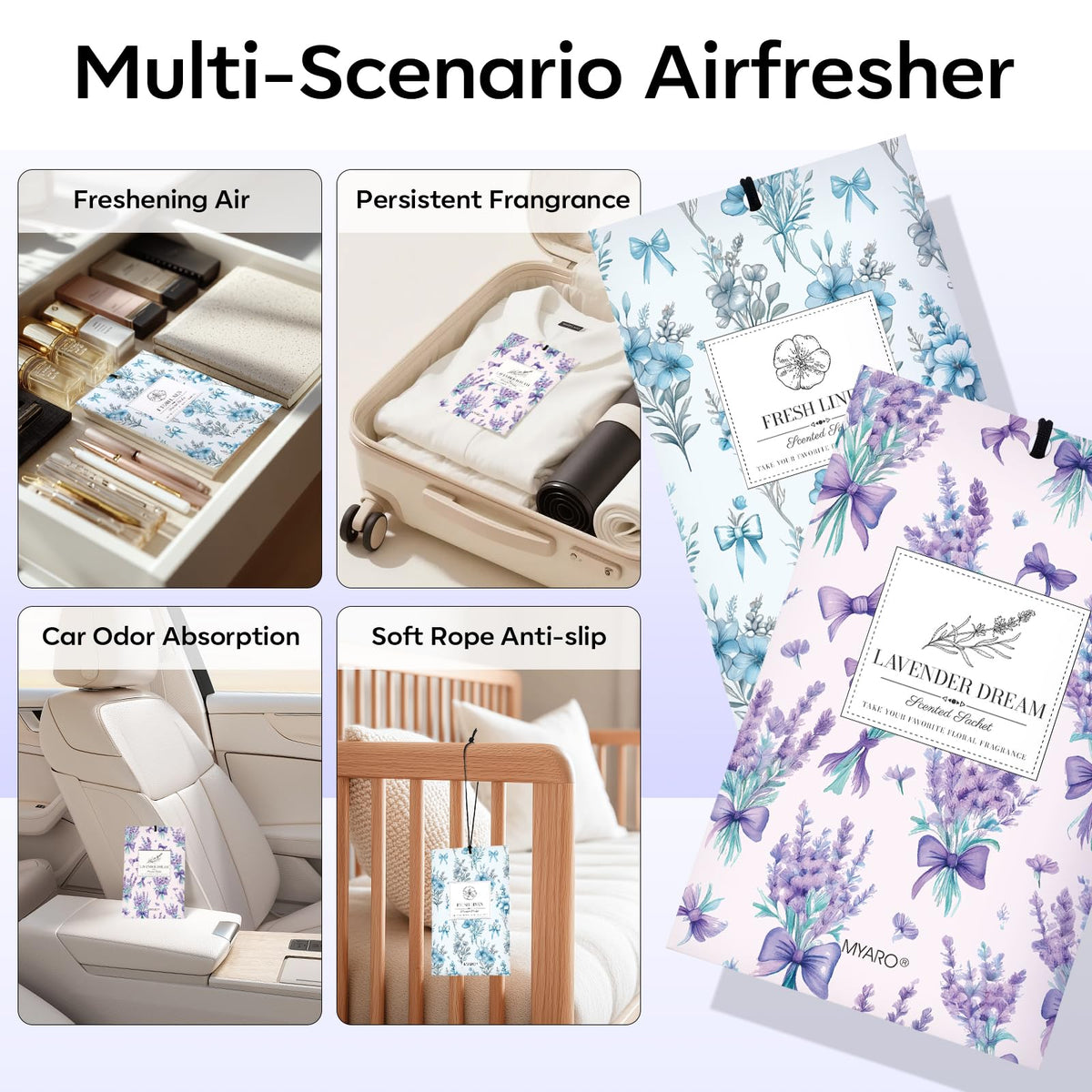 MYARO Lavender Linen sachet in a car for pleasant, lasting scent.