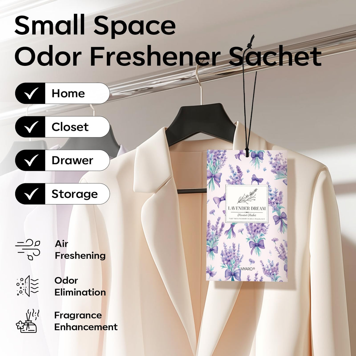 MYARO Lavender Linen sachet placed in a drawer delivering subtle fragrance.