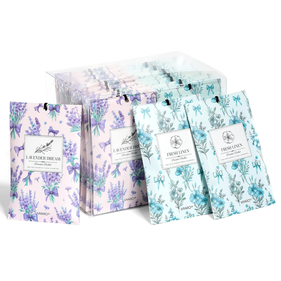 MYARO Lavender Linen sachet hanging in a closet for a fresh aroma.