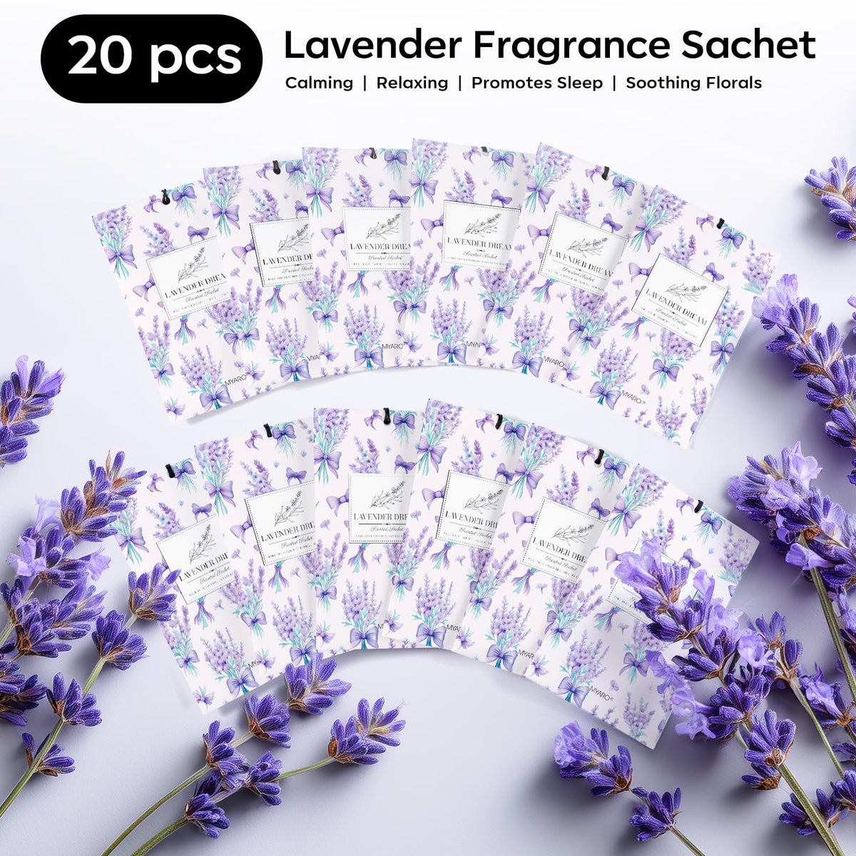 MYARO lavender sachets in travel suitcase for fresh, travel-ready scent.