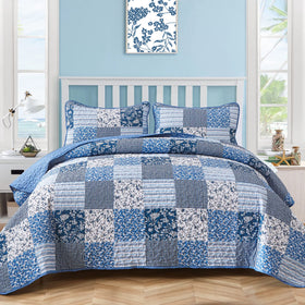 Mybedsoul blue boho quilt set plaid patchwork close-up for all-season comfort.