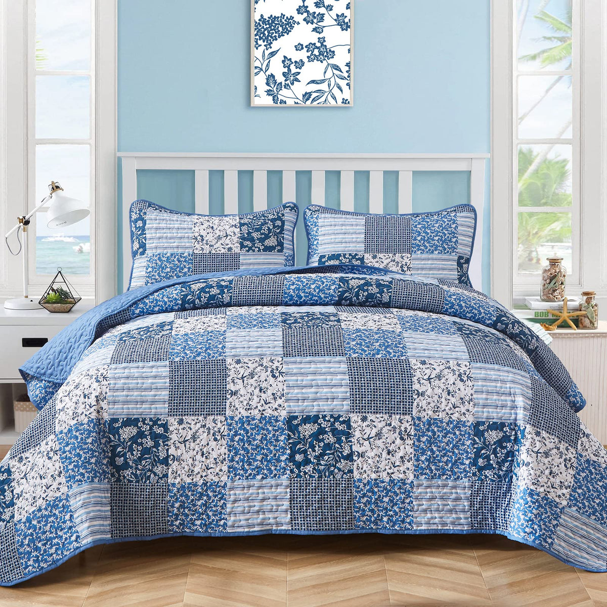 Mybedsoul blue boho quilt set on a queen bed, a chic all-season centerpiece.